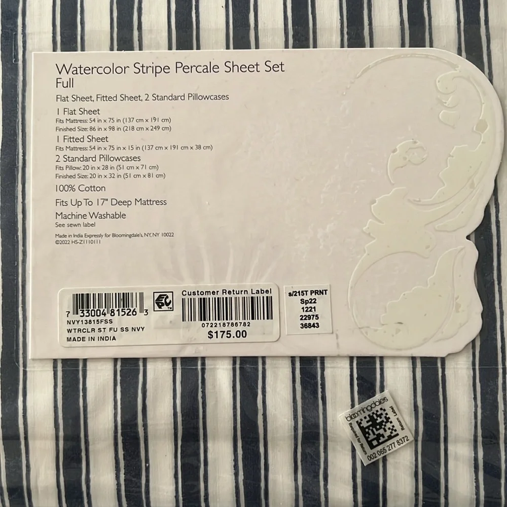 Sky Watercolor Stripe Percale Full Sheet Set, Navy White New w/Tag $175